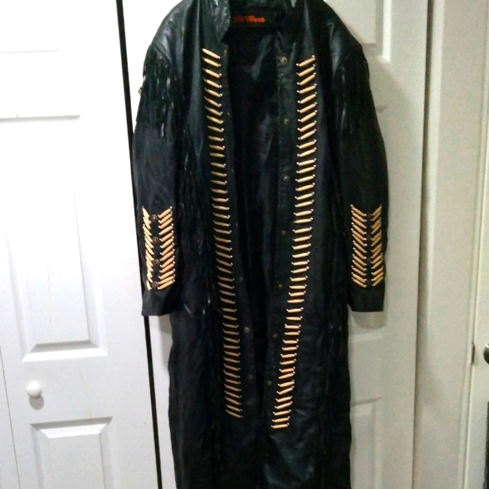 Black Leather Fringe Coat with Native Accents